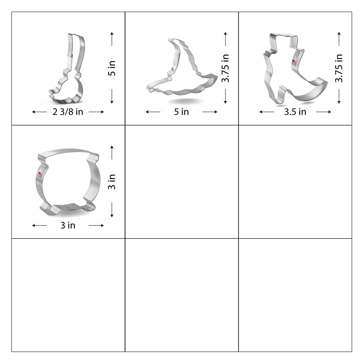 CookieCutter.com 4 Piece Halloween Witch Cookie Cutter Set Witch Broom, Hat, Shoe, Cauldron, Metal Shapes Made in USA, Silver