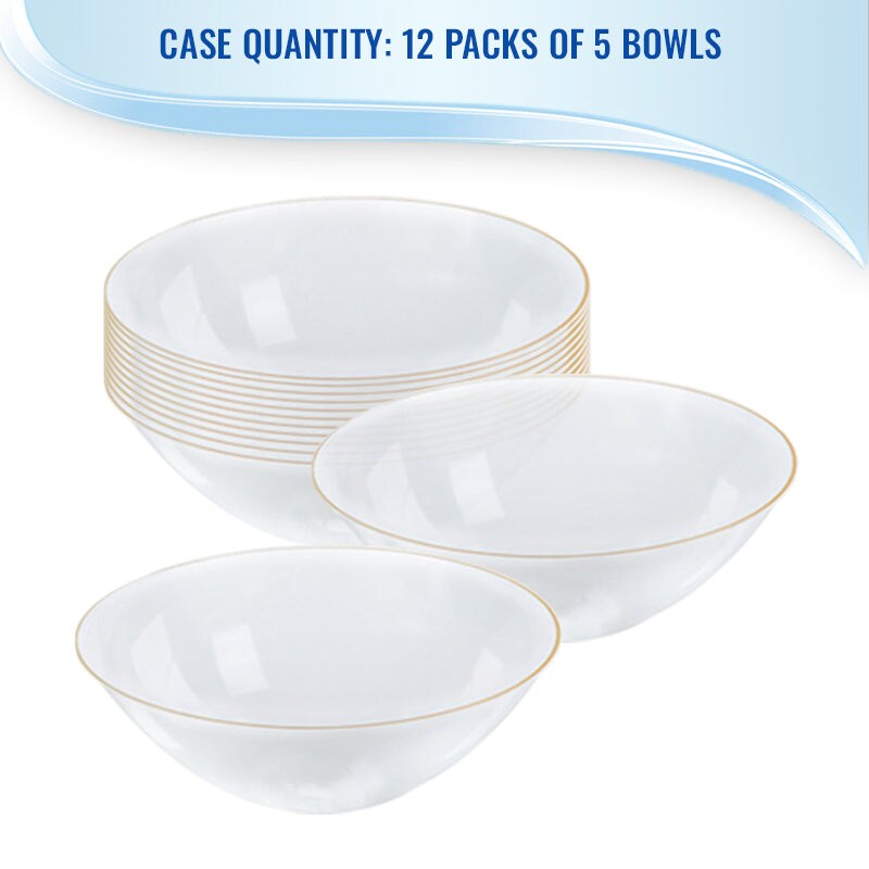 Clear with Gold Rim Organic Round Disposable Plastic Bowls - 32 Ounce (60 Bowls)