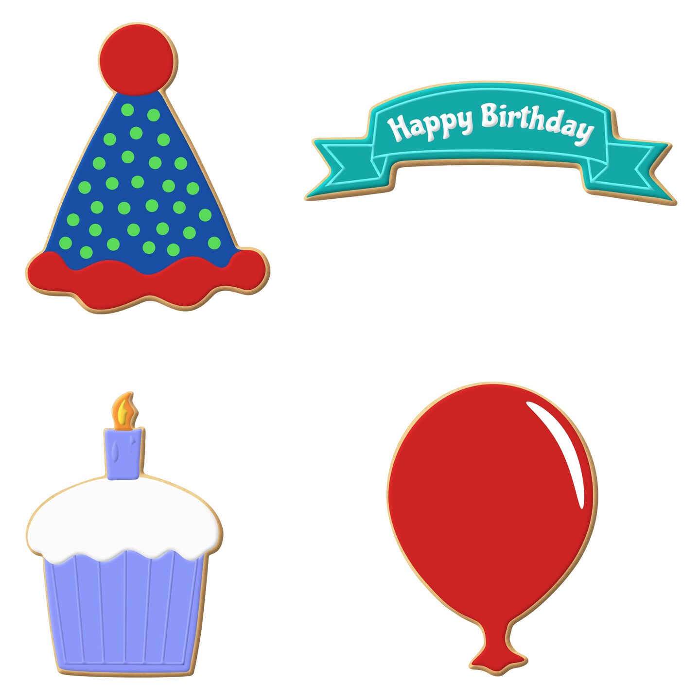 CookieCutter.com 4 Piece Birthday Cookie Cutter Set Balloon, Banner, Cupcake, Party Hat, USA