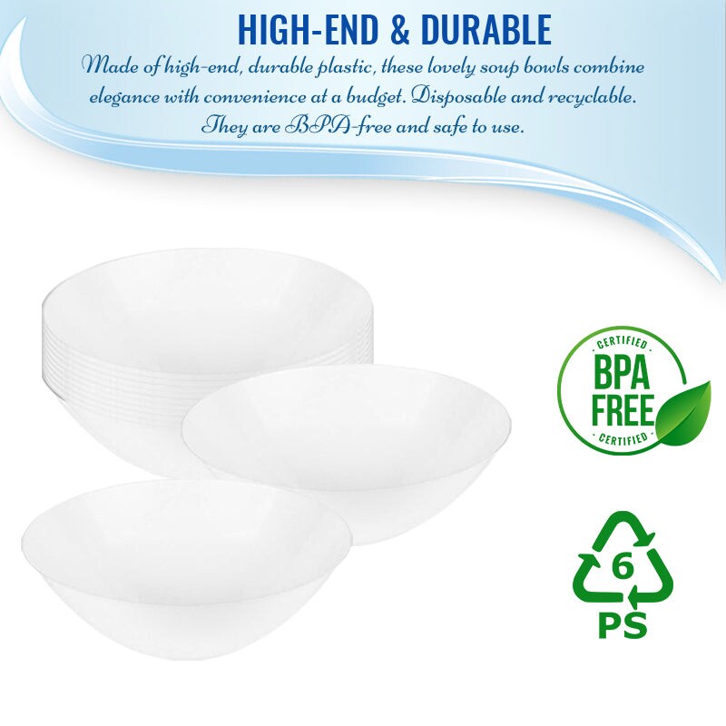 Solid White Organic Round Disposable Plastic Bowls - 100 Ounce (24 Bowls)