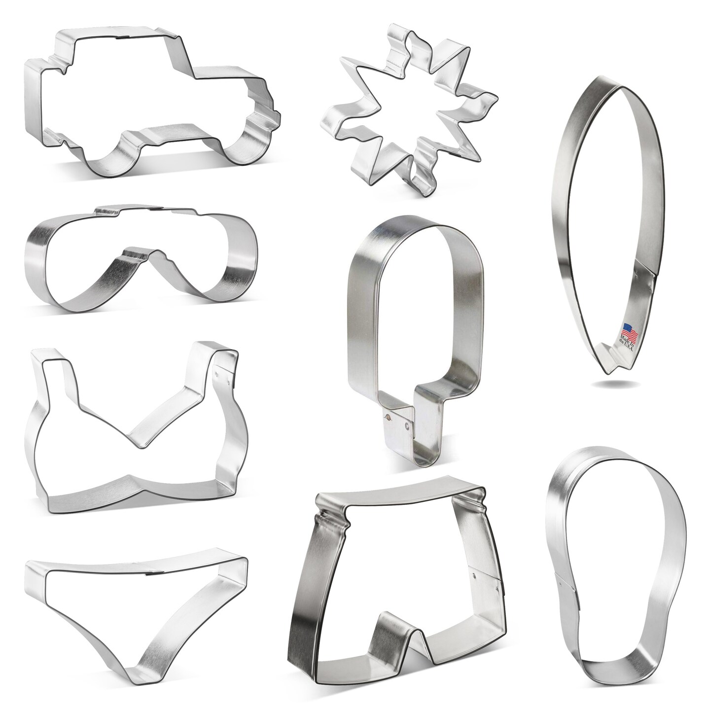 CookieCutter.com 9 Piece Summer Beach Cookie Cutter Set Bikini Top, Bikini Bottom, Swimming Trunks, Flip Flop, Sunglasses, Surfboard, Frozen Treat, SUV Military Off Road Vehicle, Sun, USA