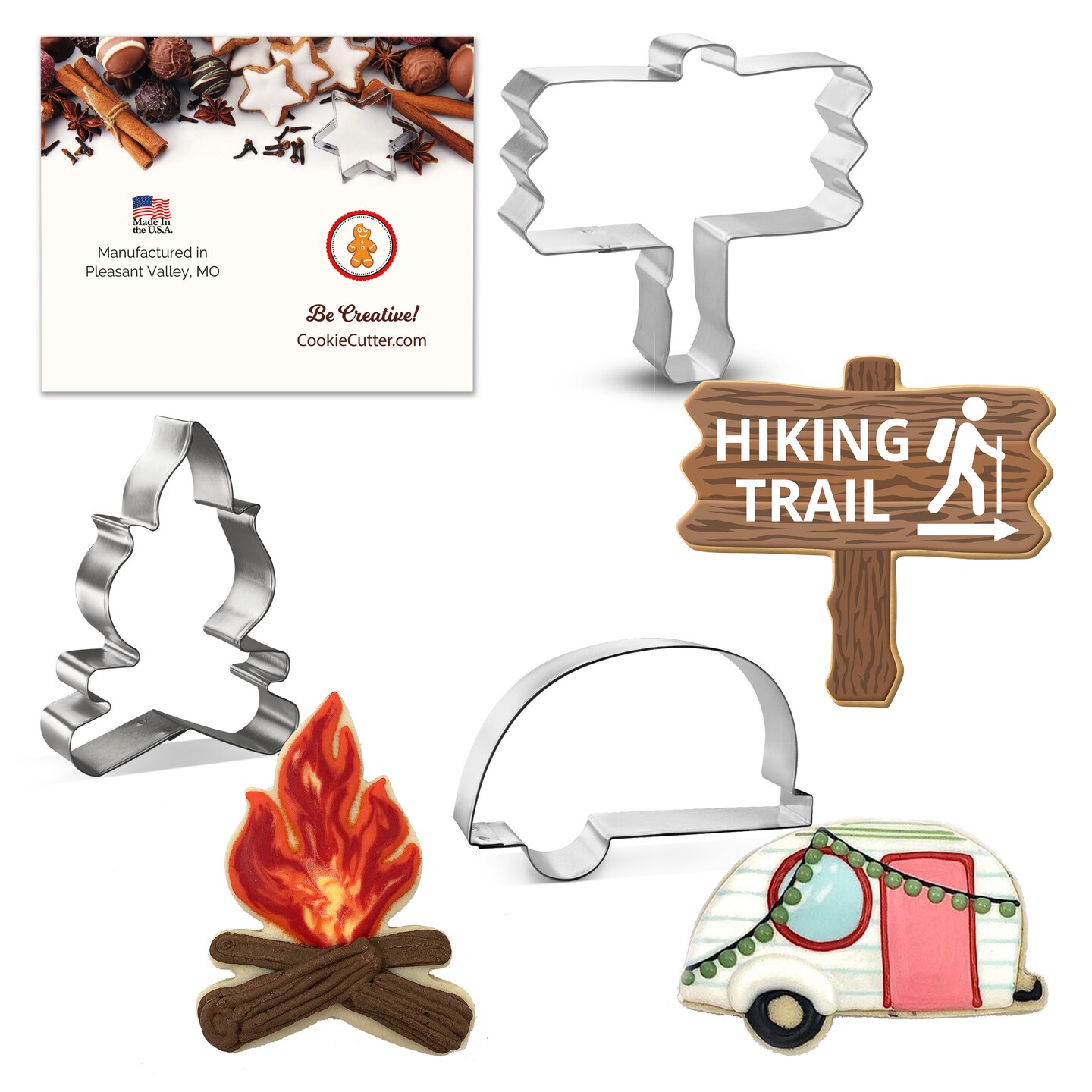 CookieCutter.com 3 Piece Summer Fall Camping Cookie Cutter Set Camper Glamper, Wooden Sign, Campfire, Metal Shapes Made in USA, Silver