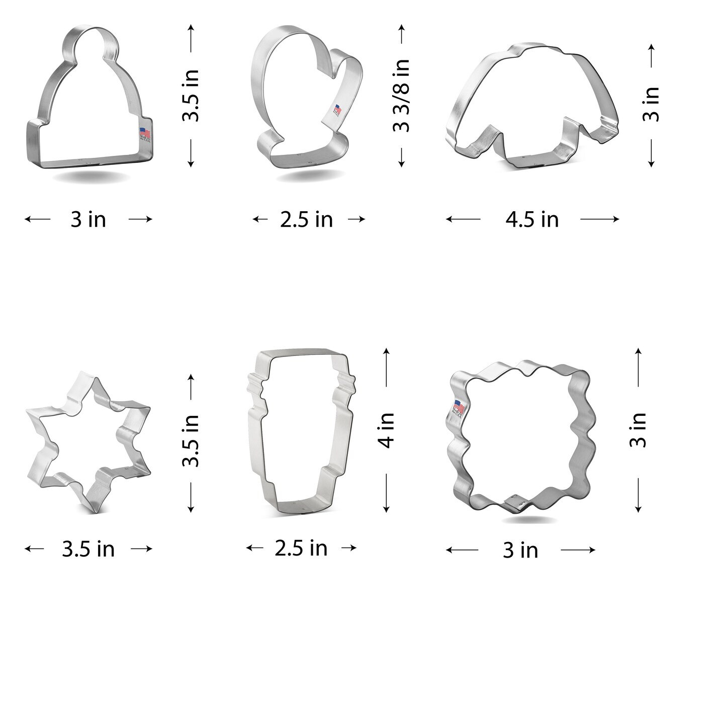 CookieCutter.com 6 Piece Winter Cozy Night Cookie Cutter Set Snowflake, Sweater, Beanie Hat Stocking Cap, Latte Cup, Mitten, Fancy Square Plaque Frame, USA