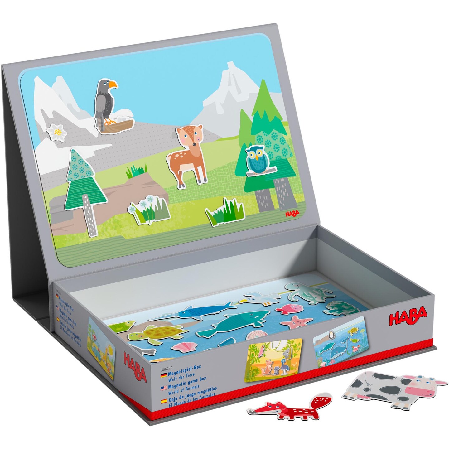 HABA Magnetic Game Box World of Animals in Their Habitats - 62 Magnetic Pieces in Cardboard Carrying Case with 4 Background Scenes