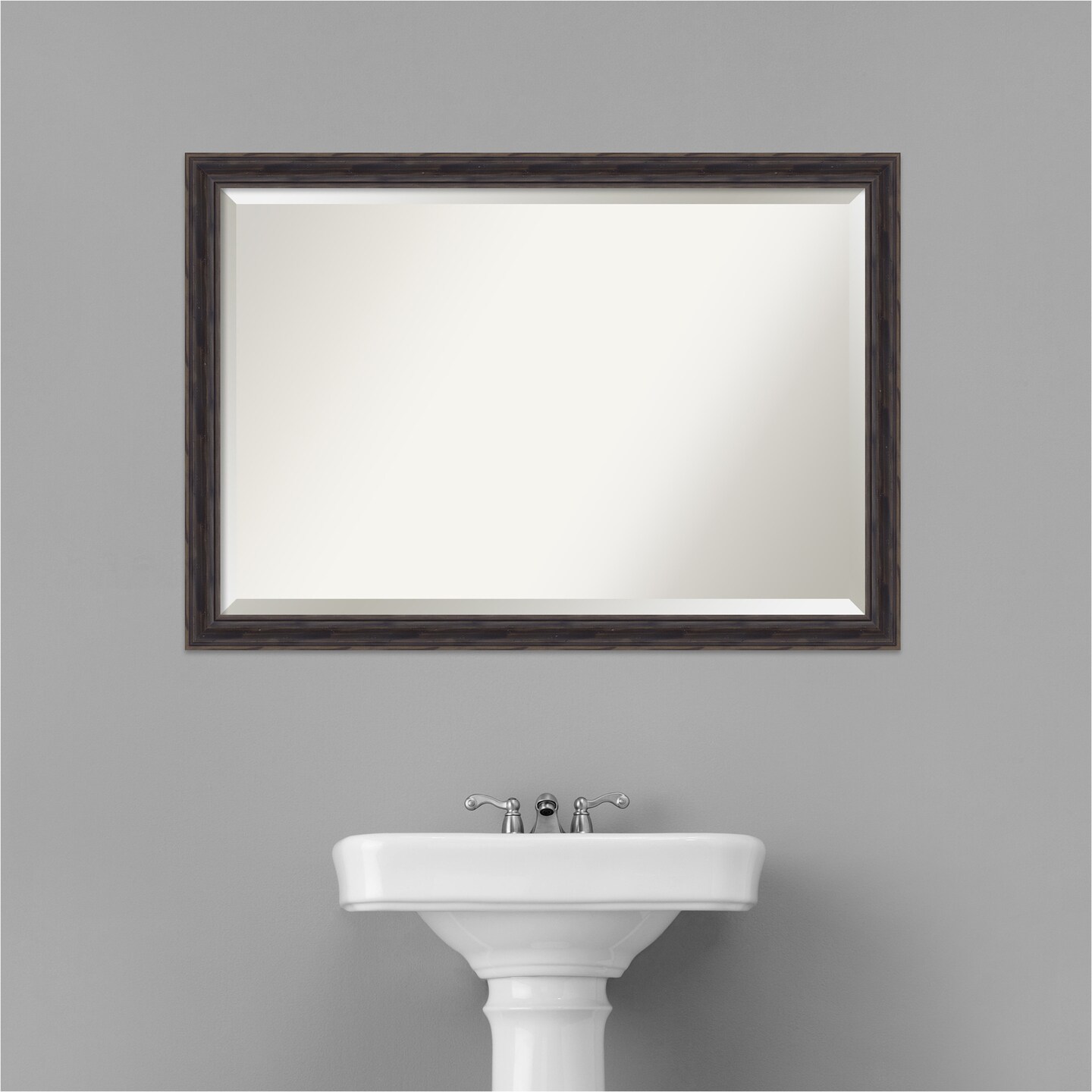 Beveled Wood Bathroom Wall Mirror, Rustic Pine Narrow Frame