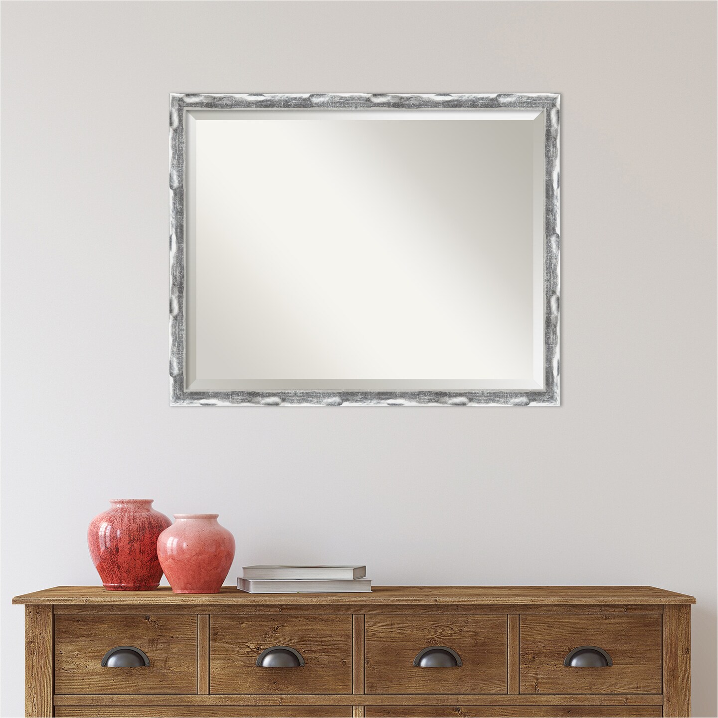 Beveled Bathroom Wall Mirror, Scratched Wave Chrome Frame