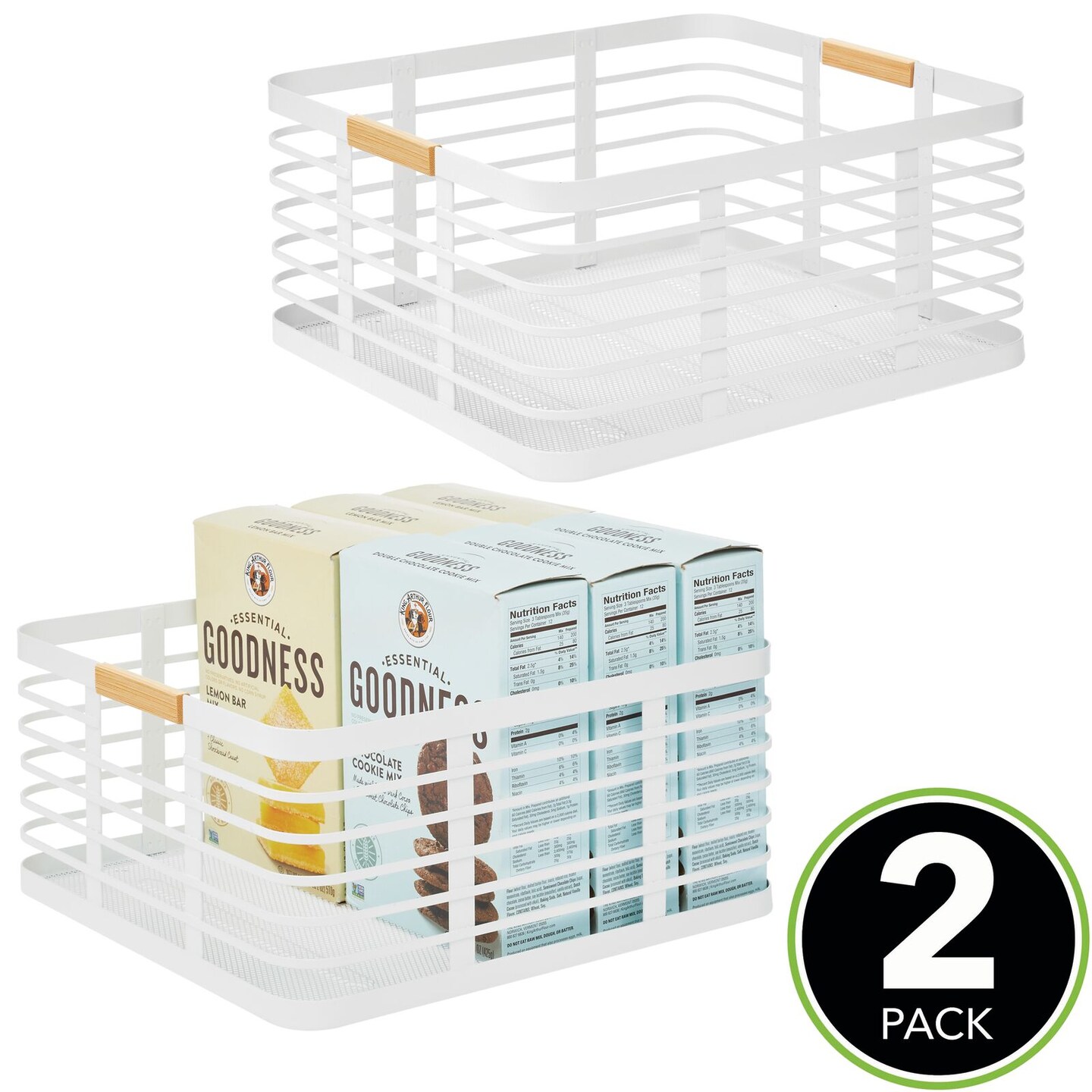 mDesign Metal Rustic Large Food Storage Bin Basket 2 Pack White