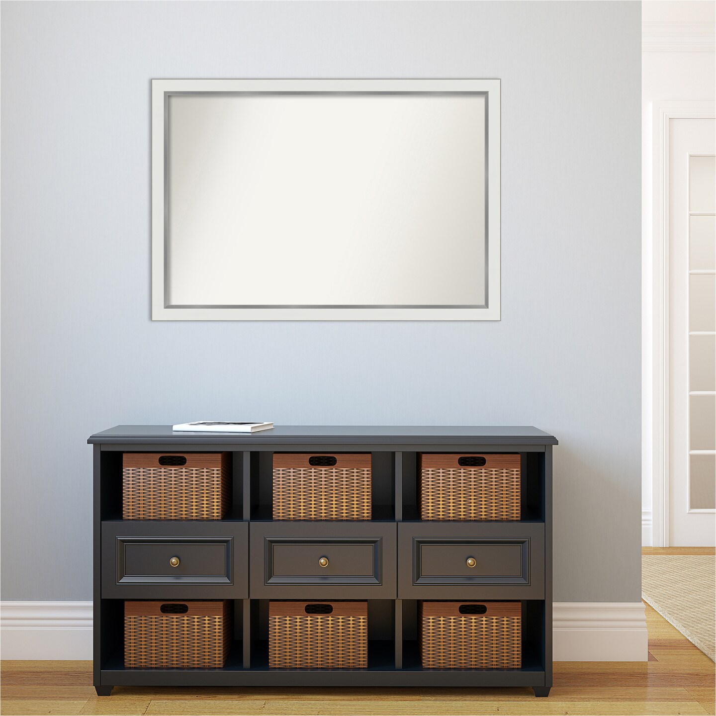 Amanti Art Non-Beveled Wall Mirror, Eva Black Silver Narrow Frame