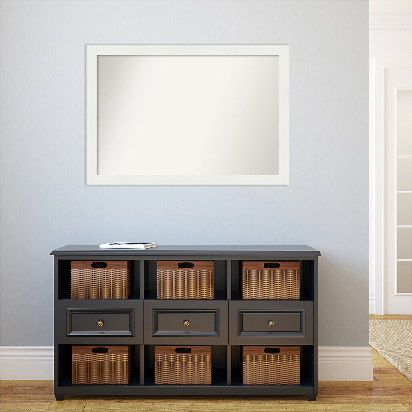 Amanti Art Non-Beveled Wall Mirror, Vanity White Narrow Frame