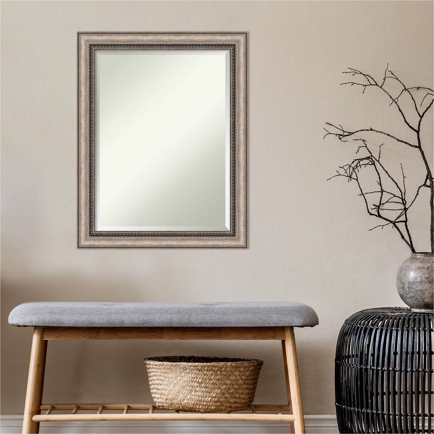 Beveled Bathroom Wall Mirror, Lyla Ornate Silver Frame