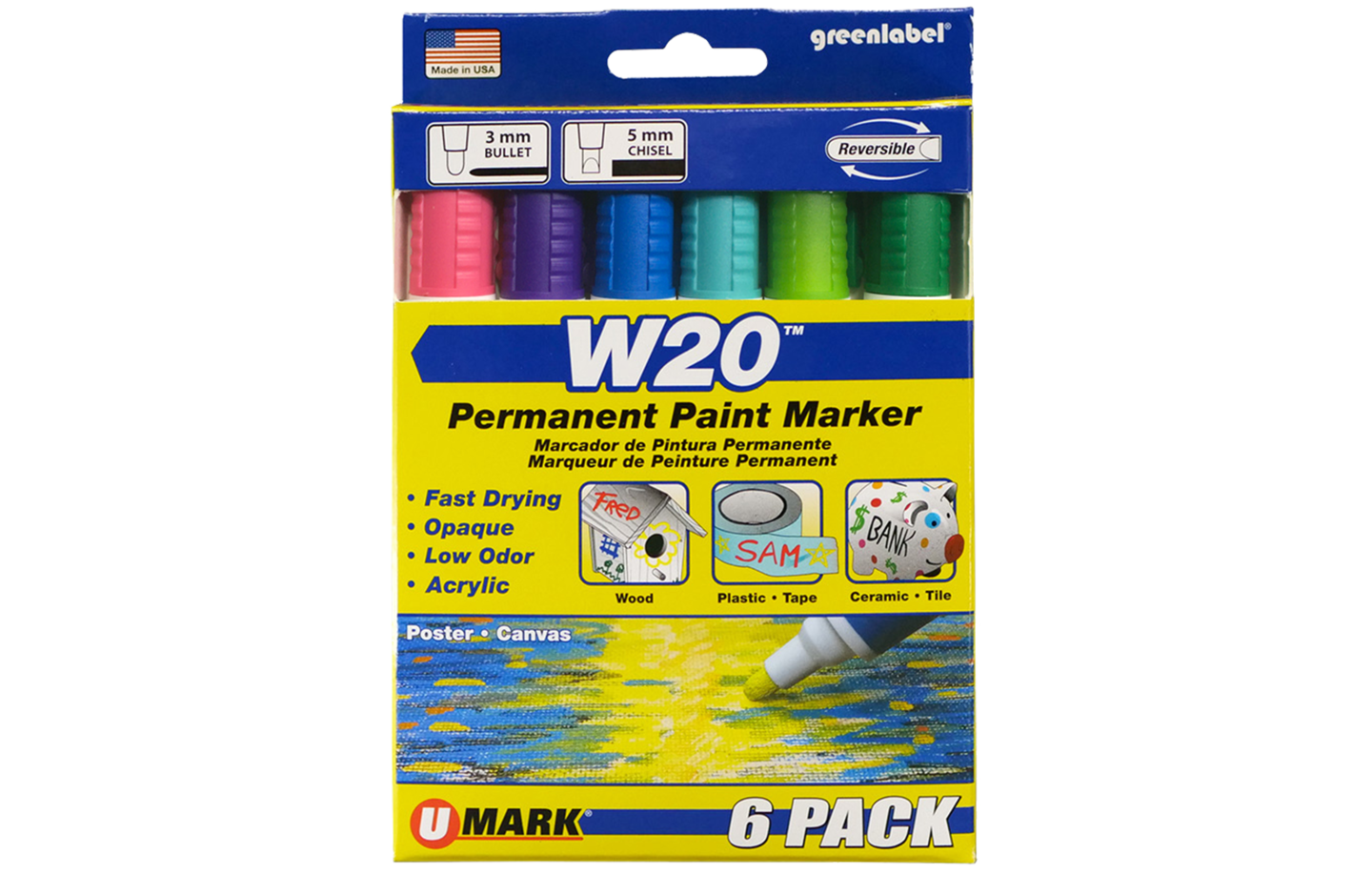 W20 Permanent Paint Marker 6 Pack - 1 ea. Pink, Dark Purple, Dark Blue, Teal, Green and Dark Green