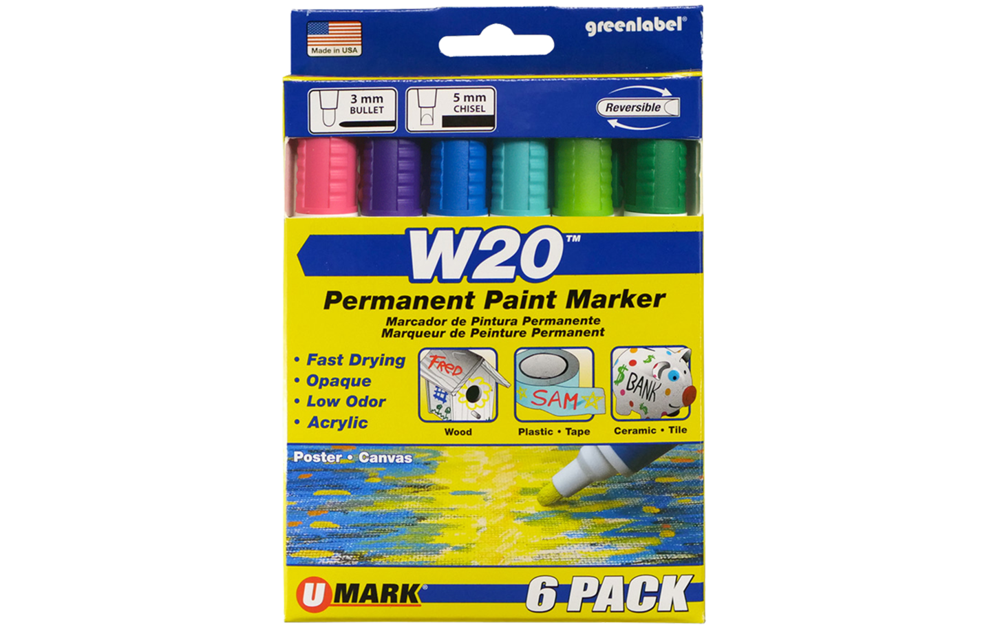 U-Mark W20 Permanent Paint Marker 6 Pack - 1 ea. Pink, Dark Purple, Dark Blue, Teal, Green and Dark Green