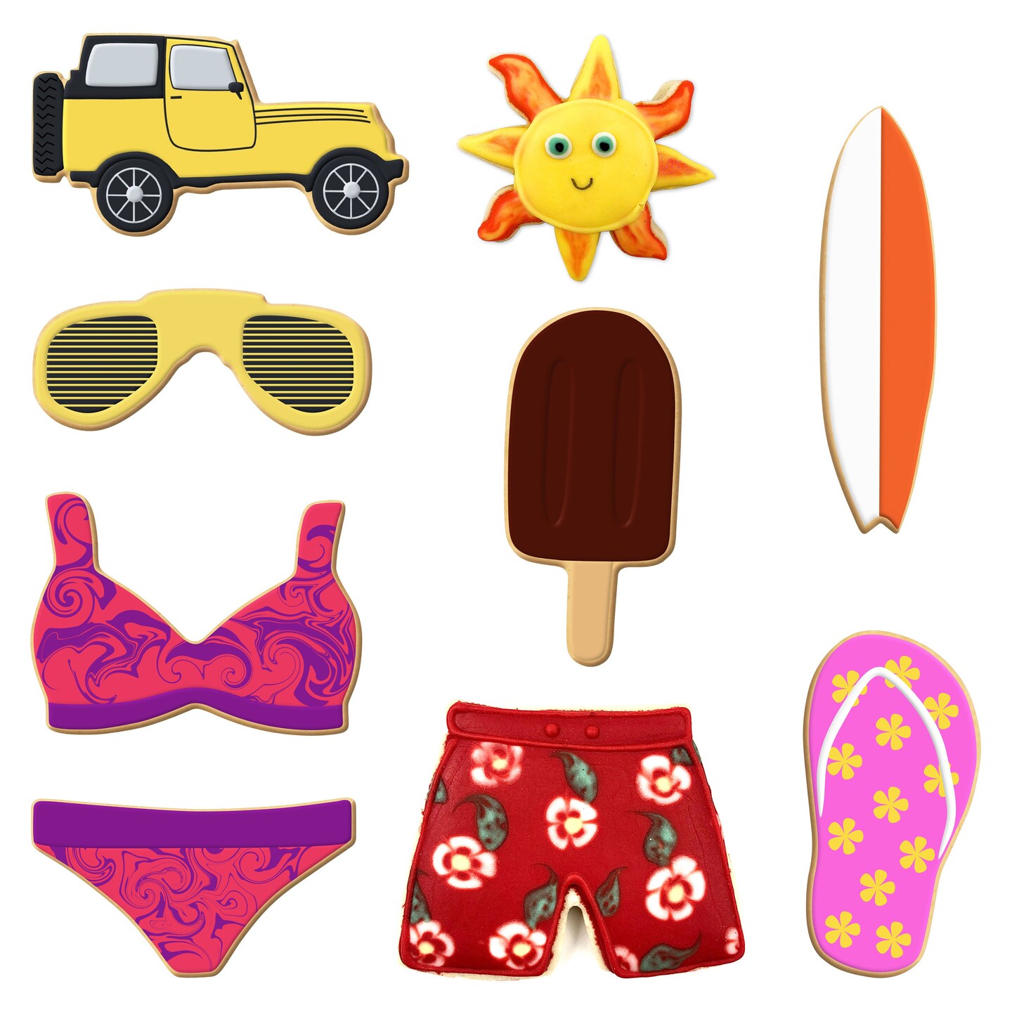 CookieCutter.com 9 Piece Summer Beach Cookie Cutter Set Bikini Top, Bikini Bottom, Swimming Trunks, Flip Flop, Sunglasses, Surfboard, Frozen Treat, SUV Military Off Road Vehicle, Sun, USA
