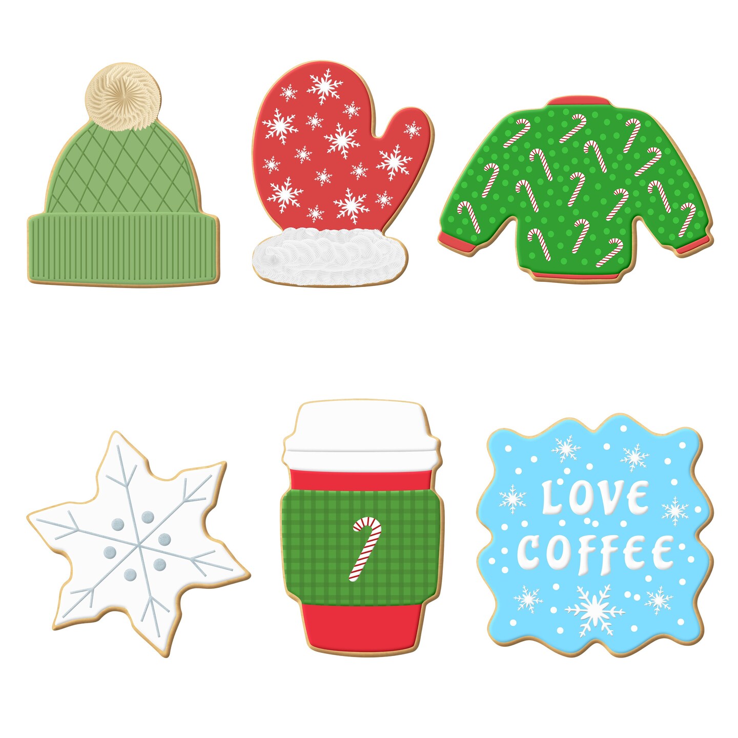 CookieCutter.com 6 Piece Winter Cozy Night Cookie Cutter Set Snowflake, Sweater, Beanie Hat Stocking Cap, Latte Cup, Mitten, Fancy Square Plaque Frame, USA