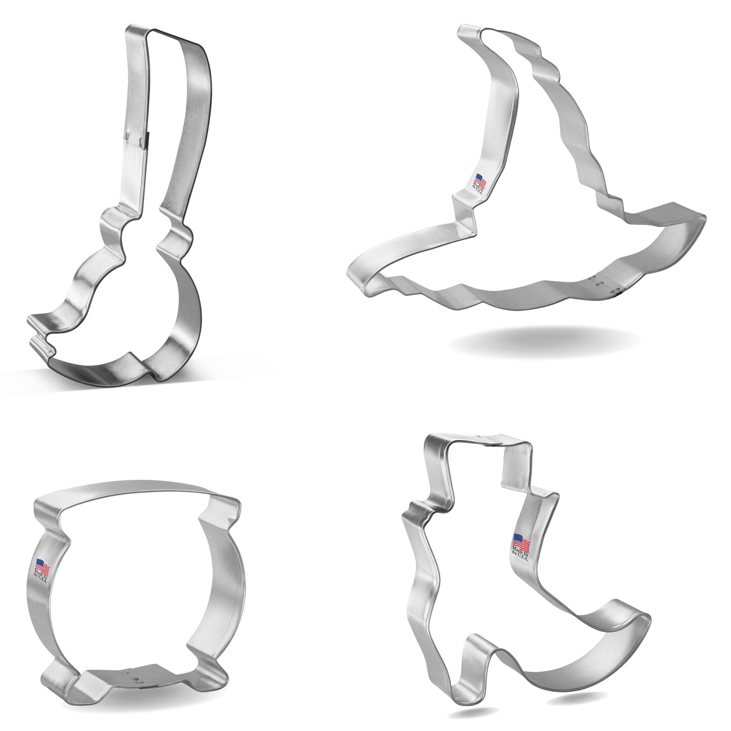 CookieCutter.com 4 Piece Halloween Witch Cookie Cutter Set Witch Broom, Hat, Shoe, Cauldron, Metal Shapes Made in USA, Silver