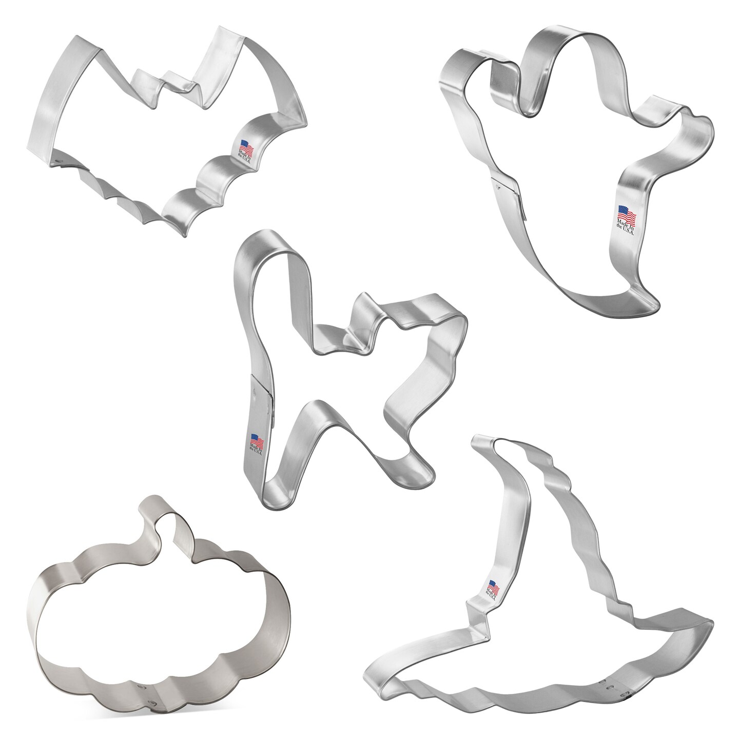 CookieCutter.com 5 Piece Halloween Cookie Cutter Set Scary Cat, Ghost, Flat Pumpkin, Witch Hat, Bat, Metal Shapes Made in USA, Silver