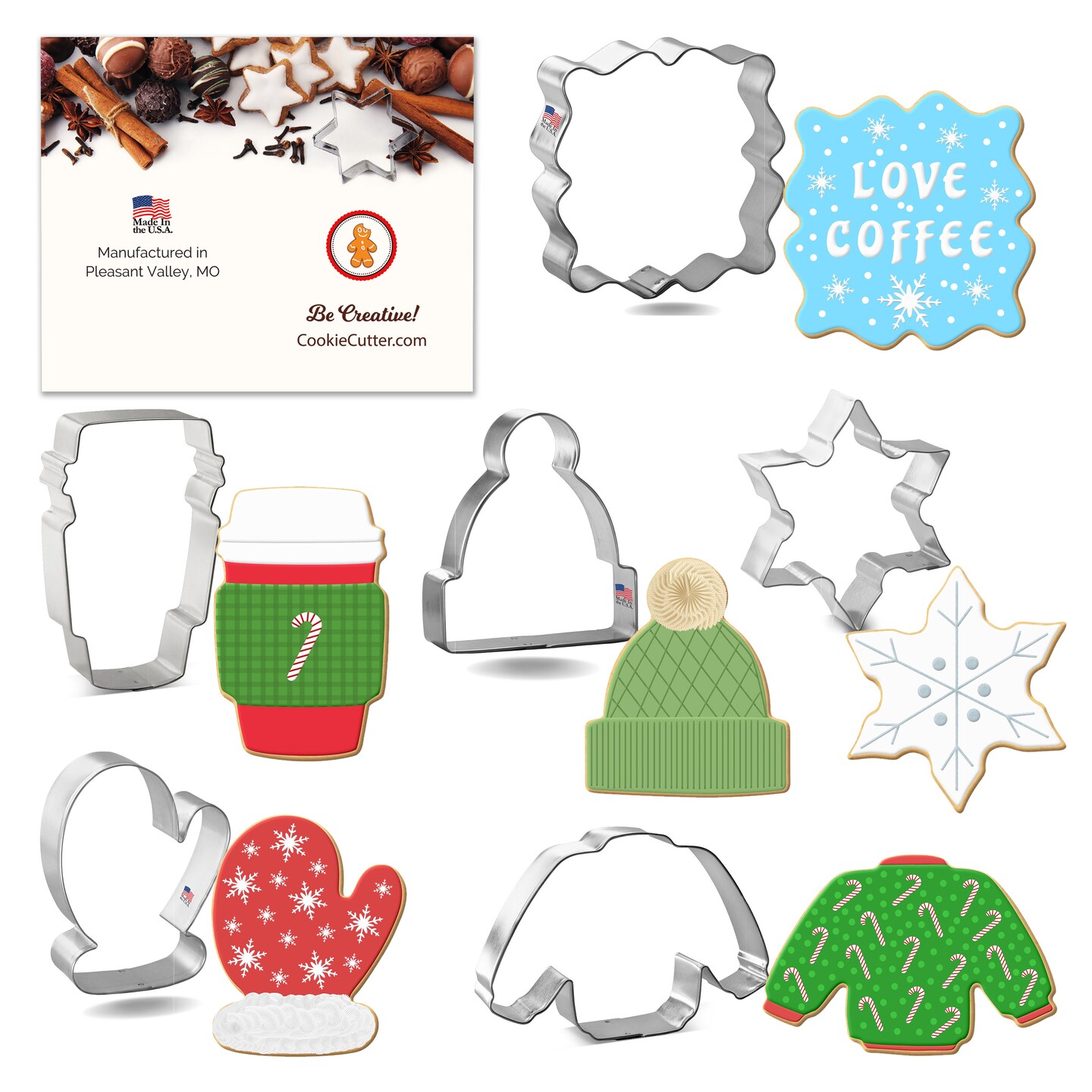 CookieCutter.com 6 Piece Winter Cozy Night Cookie Cutter Set Snowflake, Sweater, Beanie Hat Stocking Cap, Latte Cup, Mitten, Fancy Square Plaque Frame, USA