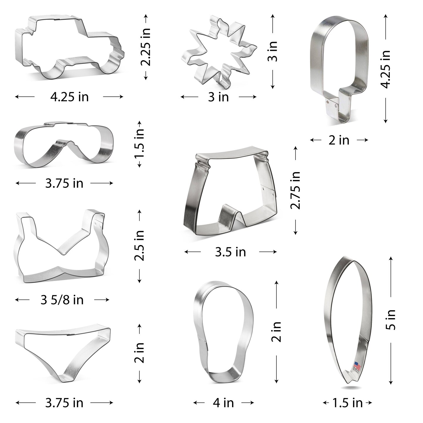 CookieCutter.com 9 Piece Summer Beach Cookie Cutter Set Bikini Top, Bikini Bottom, Swimming Trunks, Flip Flop, Sunglasses, Surfboard, Frozen Treat, SUV Military Off Road Vehicle, Sun, USA