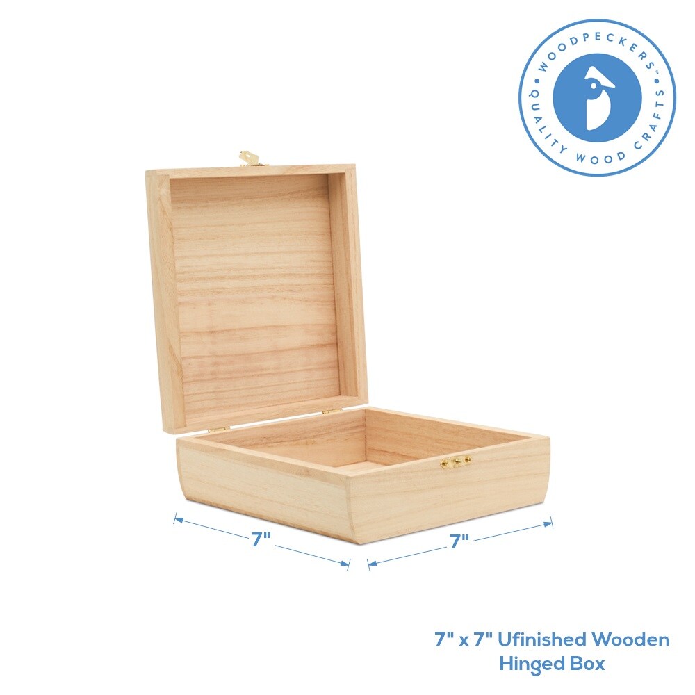 Wooden Box with Hinged Lid 7x7 Inches, for Gifts, Crafts, Jewelry | Woodpeckers