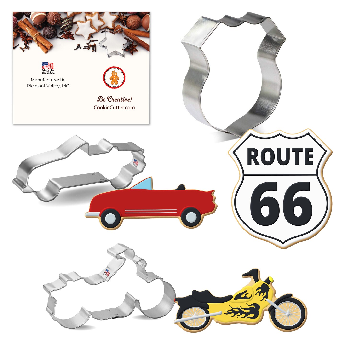 CookieCutter.com 3 Piece Road Trip Route 66 Cookie Cutter Set Police Badge, Convertible Car, Motorcycle, Metal Shapes Made in USA, Silver