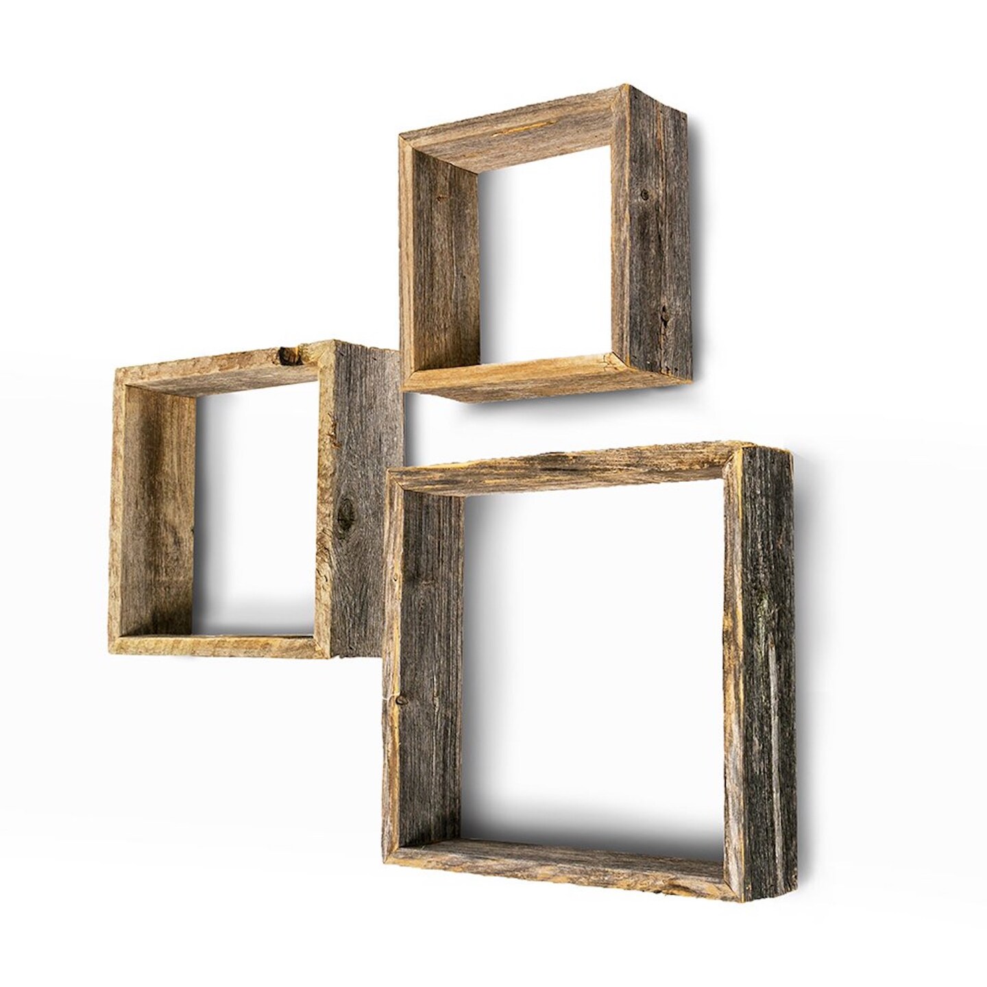 Rustic Farmhouse Reclaimed Wooden Open Square Wall Shelves (Set of 3)