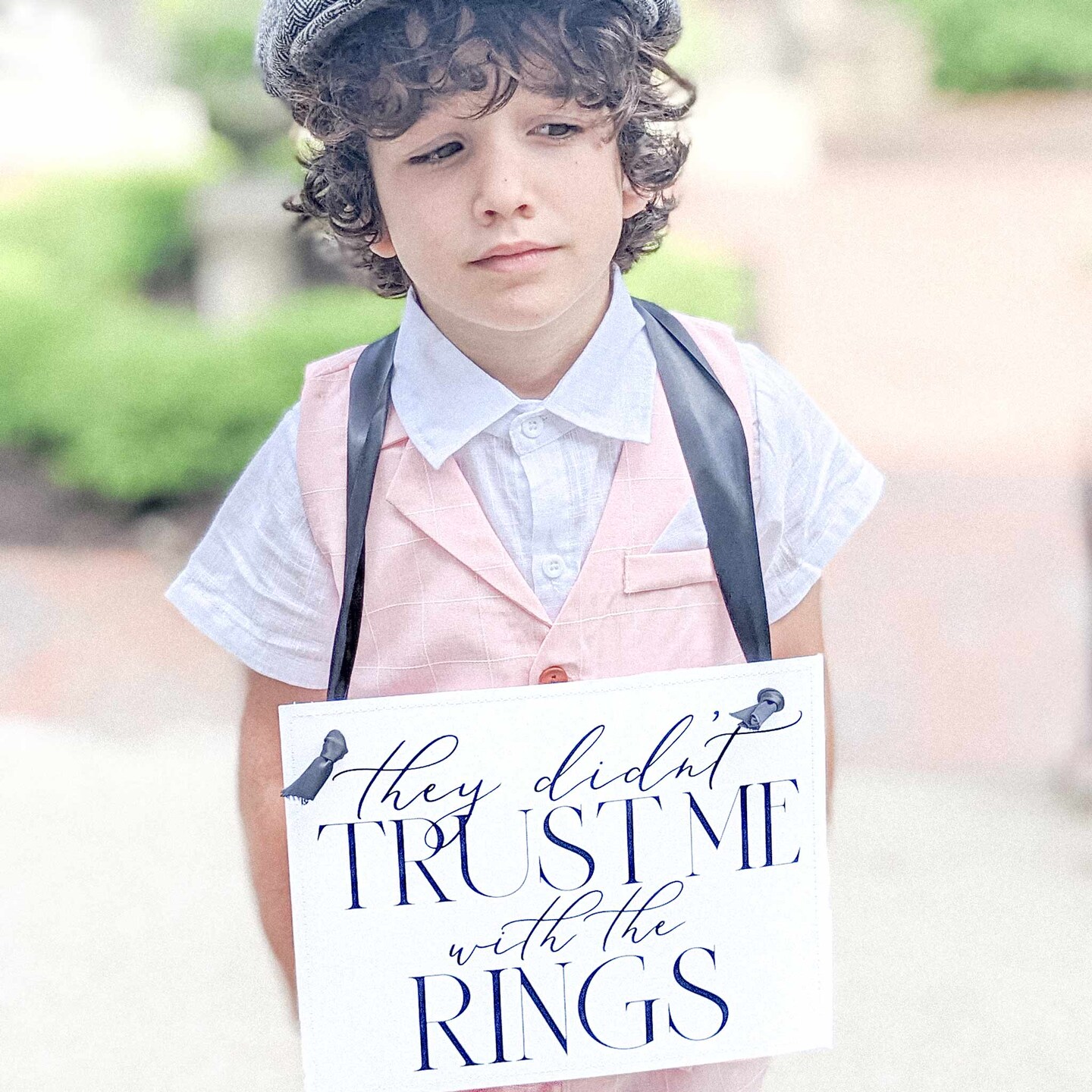 Ritzy Rose Funny Ring Bearer Sign - Black on 11x8in Ivory Linen Cardstock with Black Ribbon