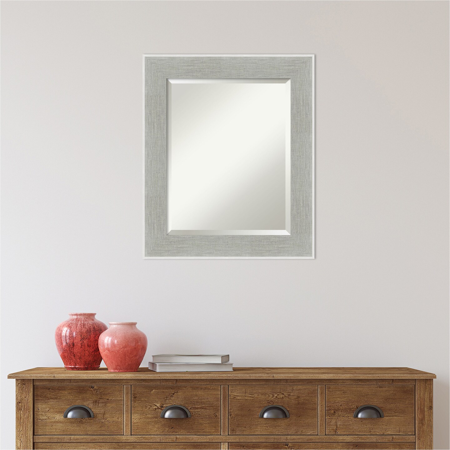 Beveled Bathroom Wall Mirror, Glam Linen Grey Frame
