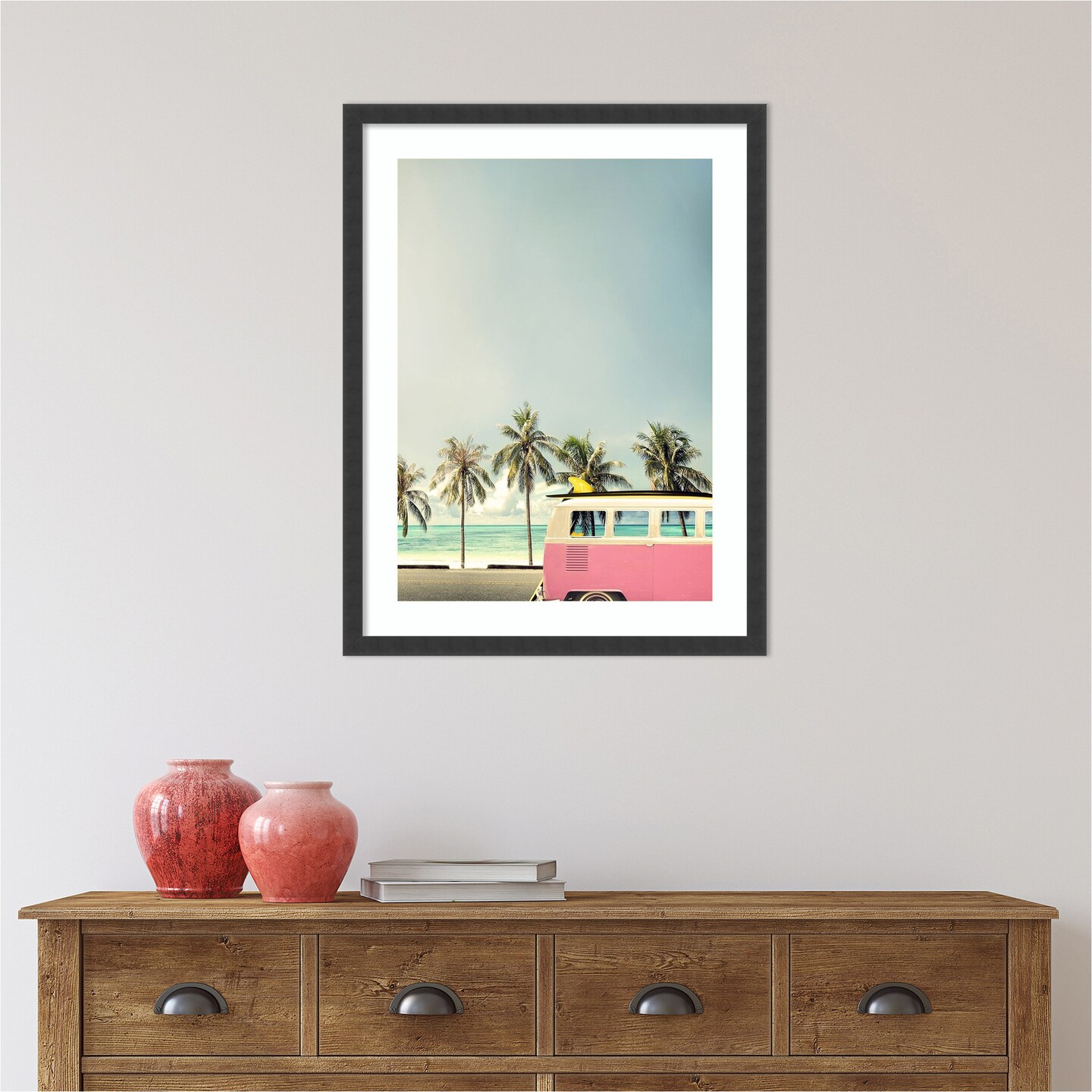 Surf Bus Pink (Beach) by Design Fabrikken Wood Framed Wall Art Print