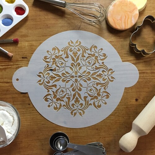 8-Inch French Medallion Cake Stencil Top | C144 by Designer Stencils | Cake Decorating Tools | Baking Stencils for Royal Icing, Airbrush, Dusting Powder | Reusable Plastic Food Grade Stencil for Cakes | Easy to Use &#x26; Clean Cake Stencil