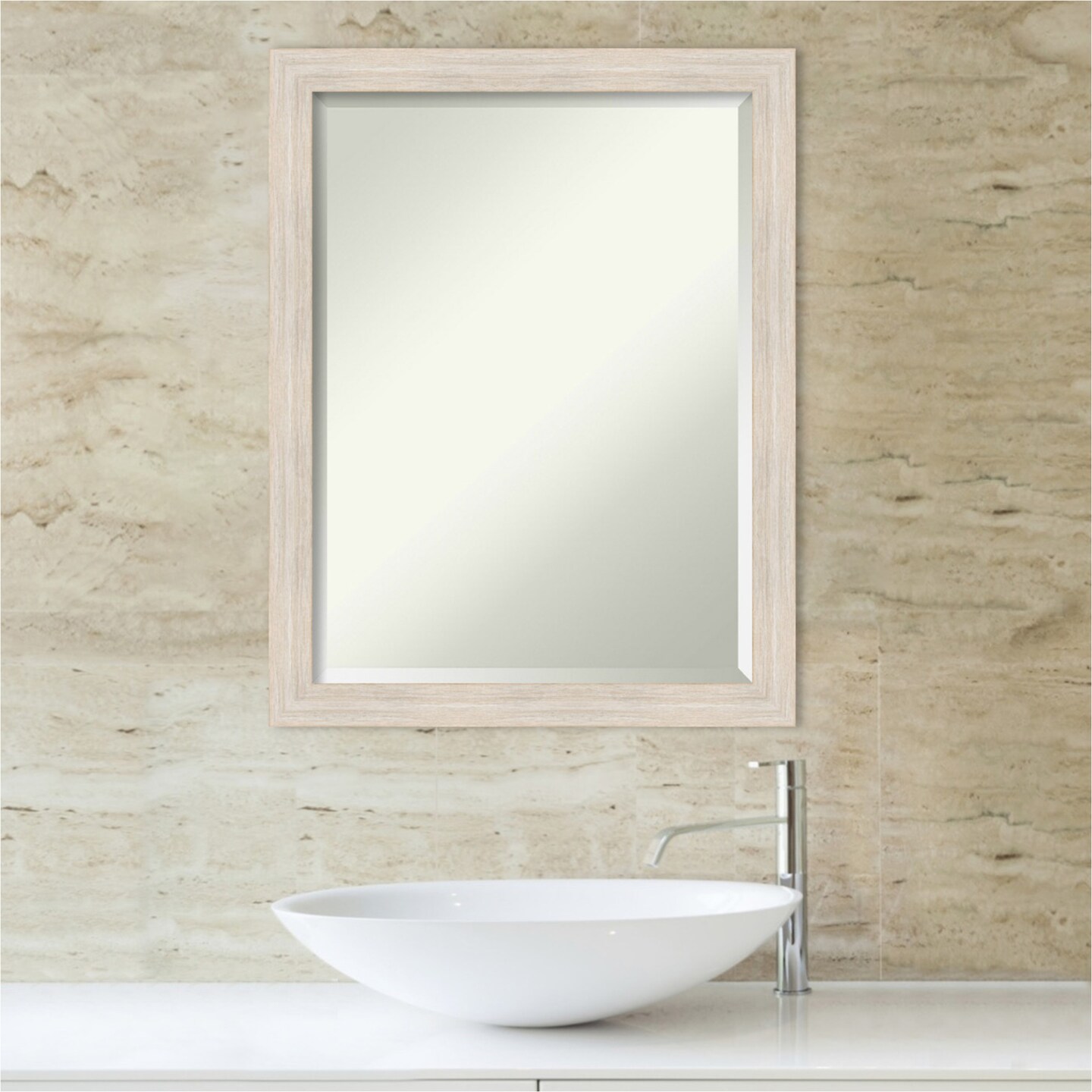 Beveled Wood Bathroom Wall Mirror, Hardwood Narrow Frame