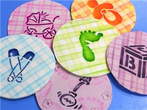 3-Inch Large Baby Cookie &#x26; Cupcake Stencils: Baby Carriage, Rattle, Pacifier, Block, Diaper Pins, Footprint | C197 by Designer Stencils | Cookie Decorating Tools | Baking Stencils for Royal Icing, Airbrush | Reusable Food Grade Stencil