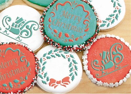 Holiday Christmas Greetings Cookie Stencils | C385 by Designer Stencils | Cookie Decorating Tools | Baking Stencils for Royal Icing, Airbrush, Dusting Powder | Reusable Plastic Food Grade Stencil for Cookies | Easy to Use &#x26; Clean Cookie Stencil
