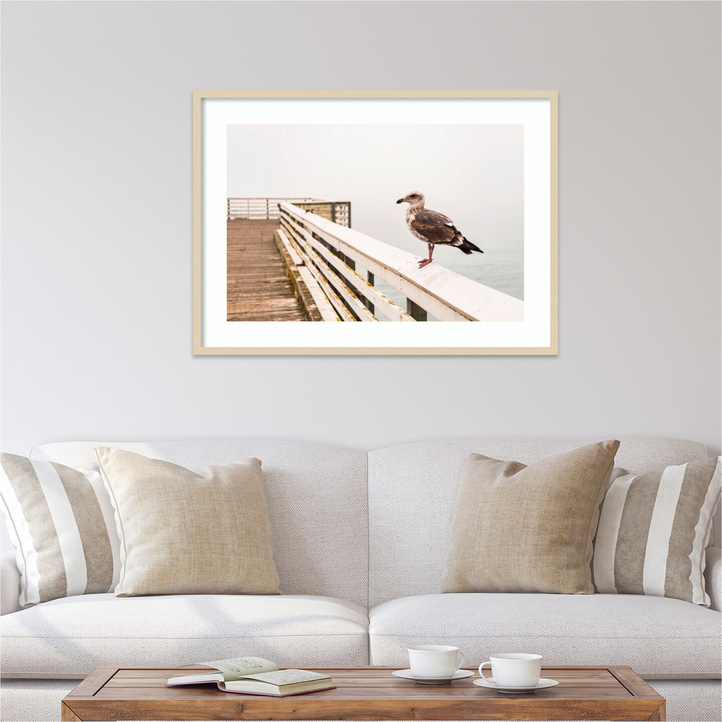 Sea gull on wharf by Alison Jones Danita Delimont Wood Framed Wall Art Print 41 in. W x 30 in. H