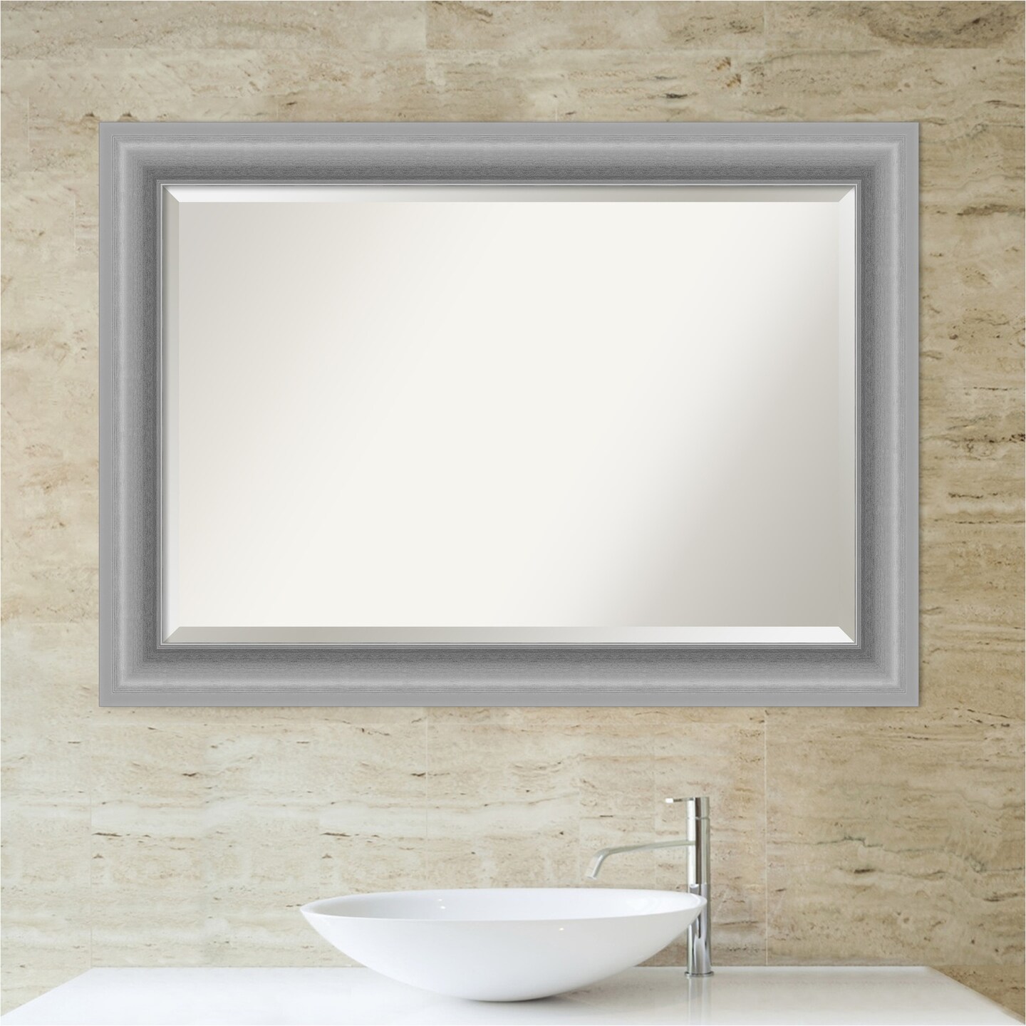 Beveled Bathroom Wall Mirror, Peak Polished Nickel Frame