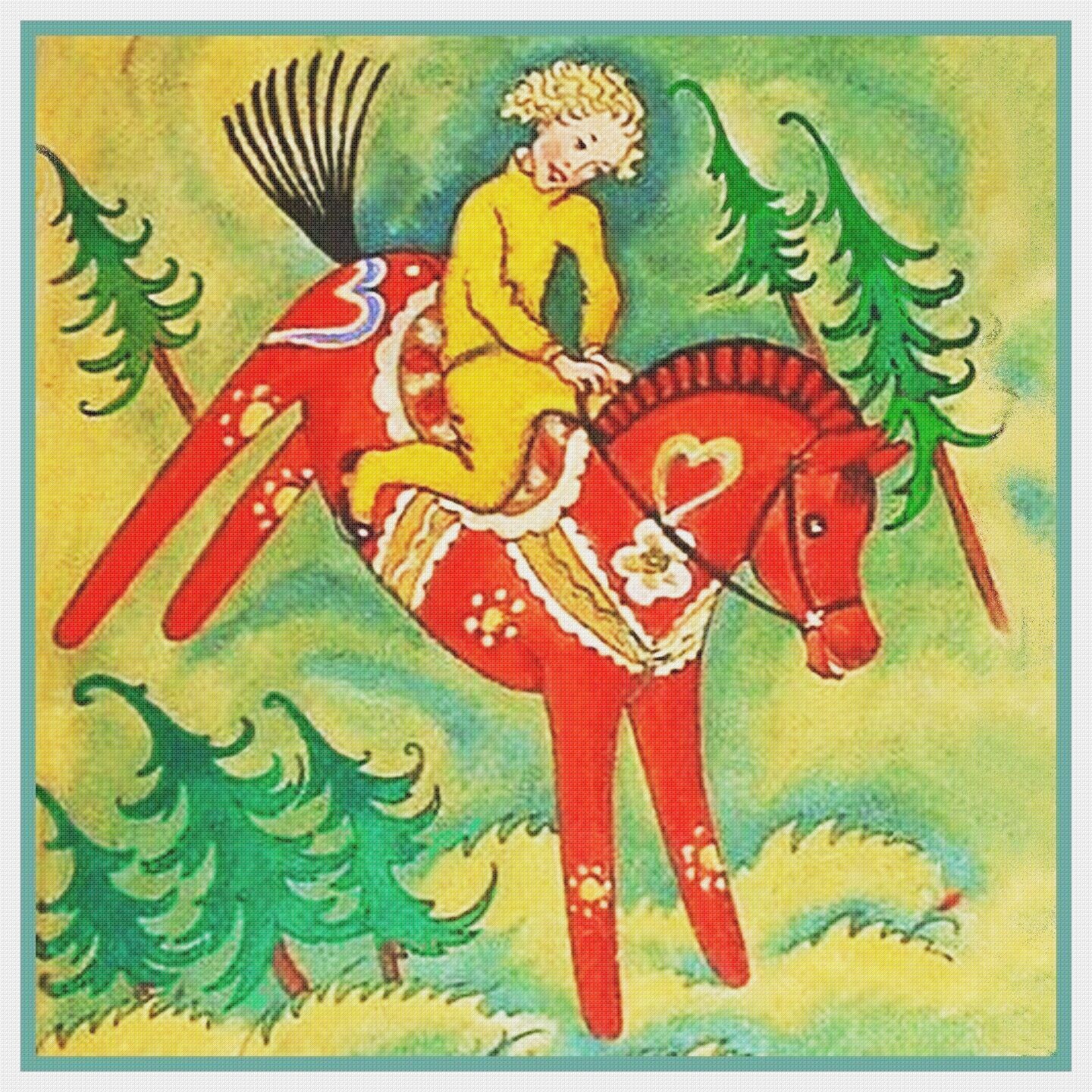 Scandinavian Child Riding Red Horse Counted Cross Stitch Chart Pattern