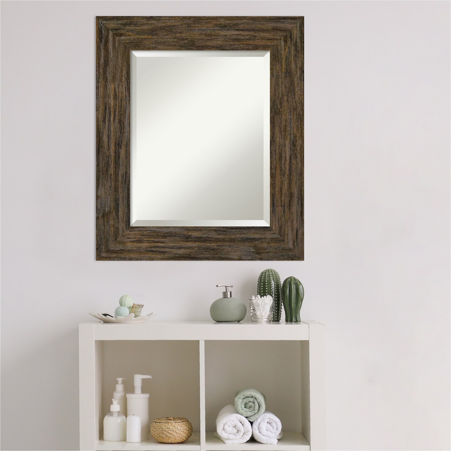 Beveled Wood Bathroom Wall Mirror, Fencepost Frame