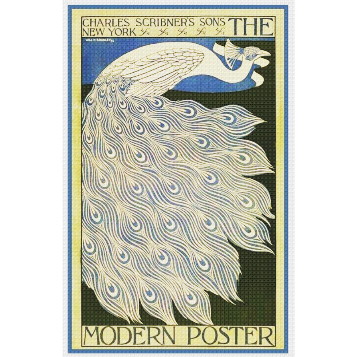 Will Bradley Modern Poster with a Peacock Counted Cross Stitch Chart Pattern