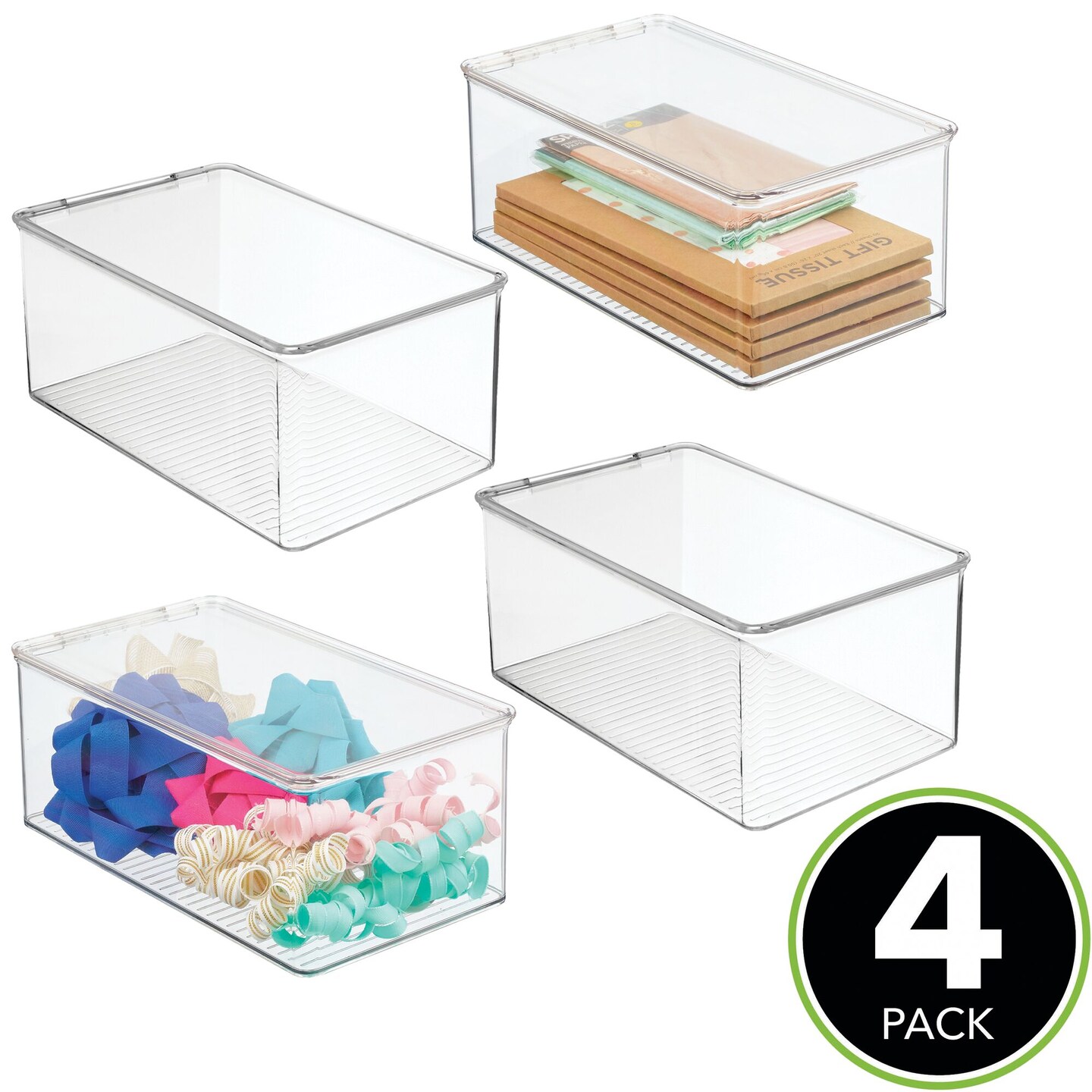 mDesign Plastic Craft Room Stackable Storage Box with Hinged Lid, 4 Pack, Clear