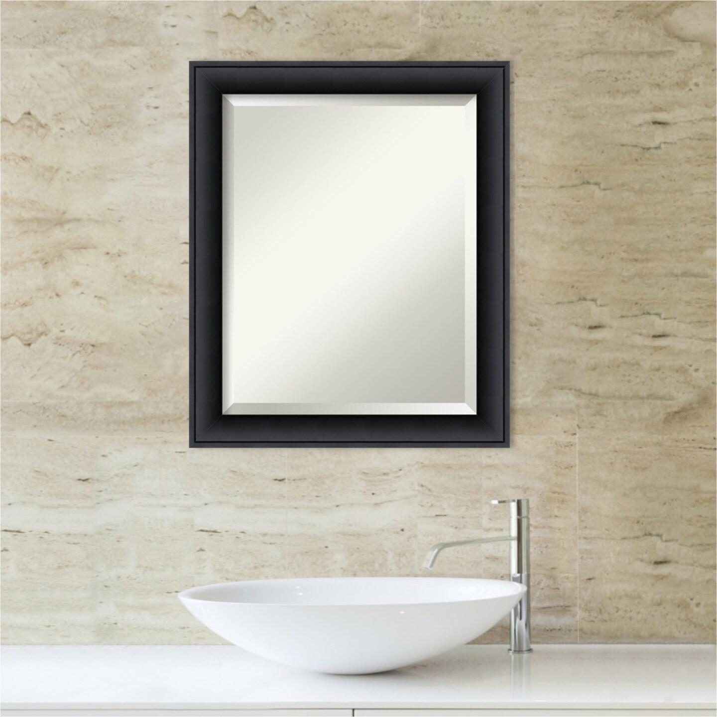 Beveled Wood Bathroom Wall Mirror, Nero Black Frame
