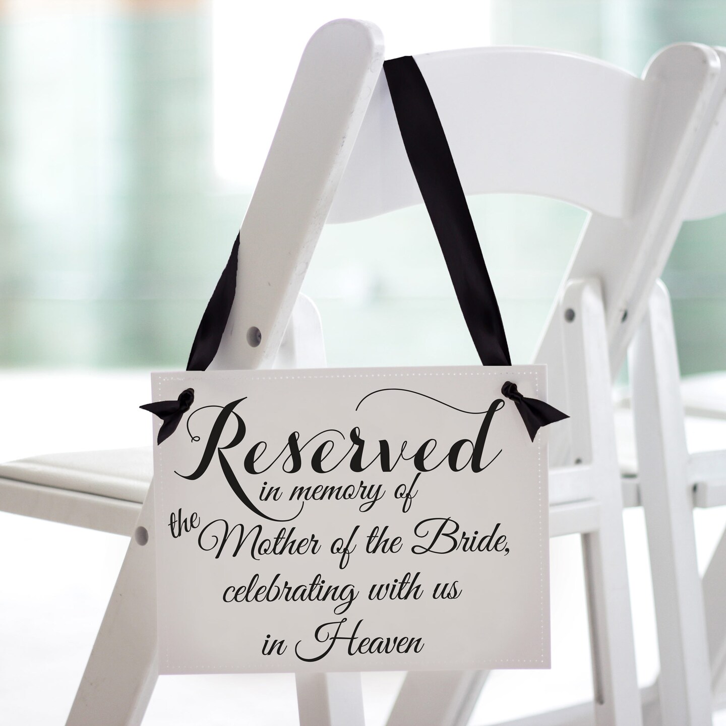 Ritzy Rose Mother of the Bride Memorial Sign - Black on 11x8in White Linen Cardstock with Black Ribbon