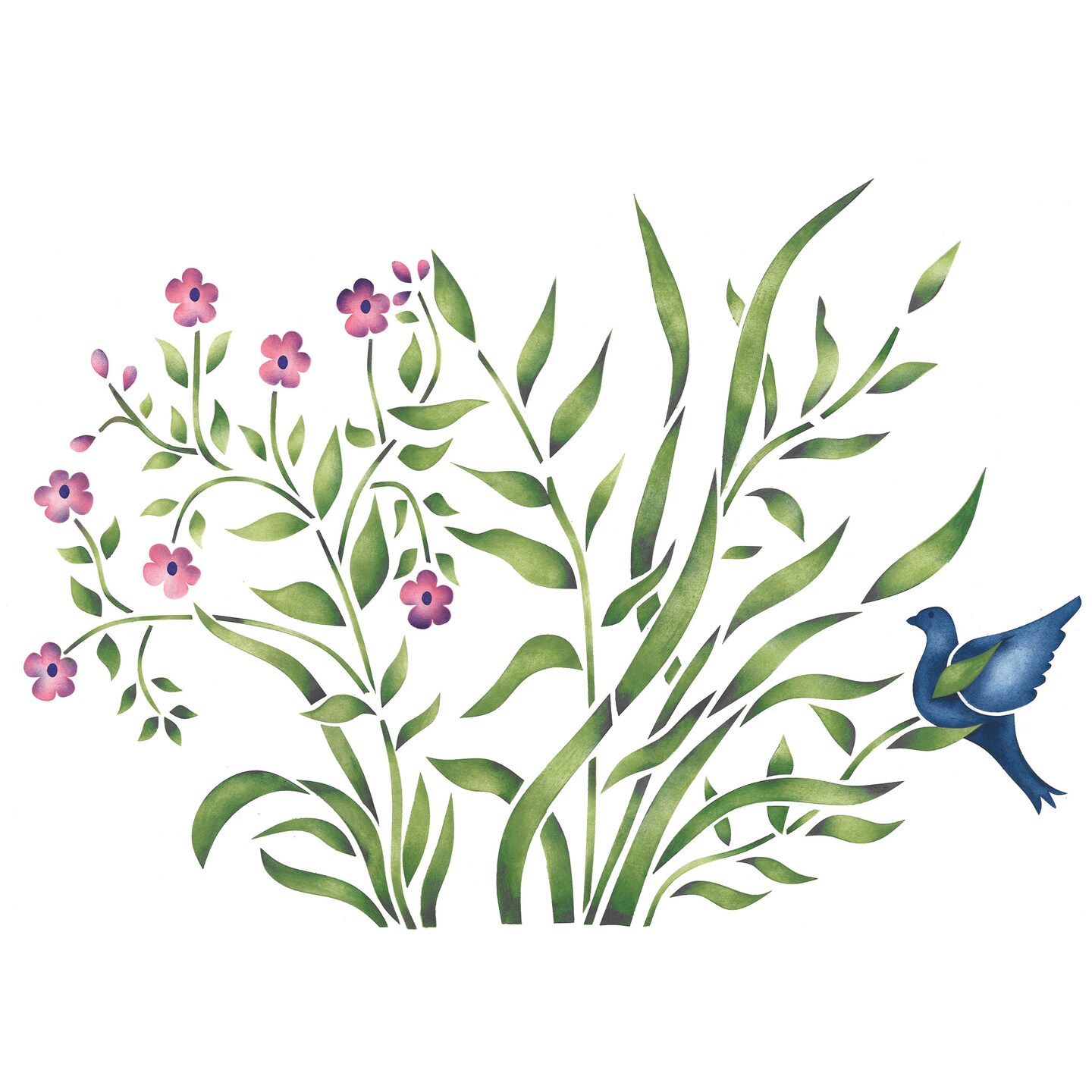 Grass with Bird and Flowers Wall Stencil | 1412 by Designer Stencils | Outdoor Stencils | Reusable Art Craft Stencils for Painting on Walls, Canvas, Wood | Reusable Plastic Paint Stencil for Home Makeover | Easy to Use &#x26; Clean Art Stencil