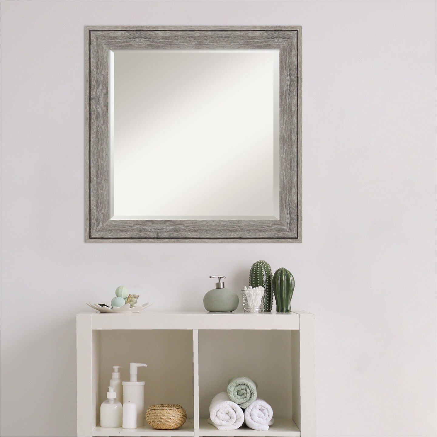 Beveled Wood Bathroom Wall Mirror, Regis Barnwood Grey Frame