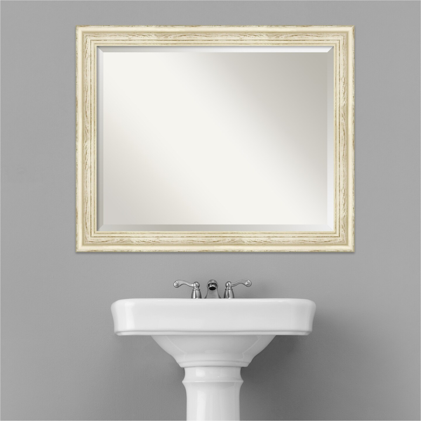 Beveled Wood Bathroom Wall Mirror, Country White Wash Frame