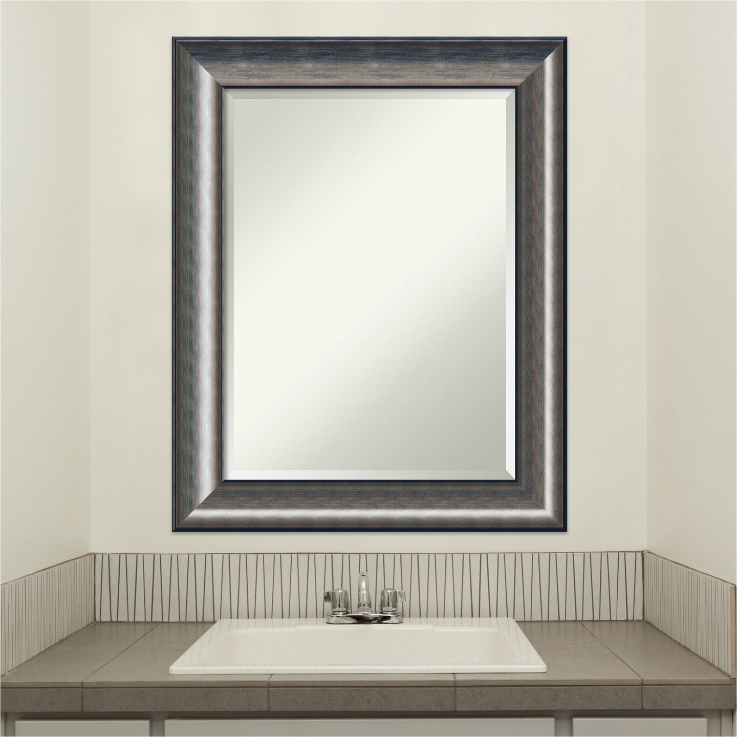 Beveled Wood Bathroom Wall Mirror, Quicksilver Scoop Frame