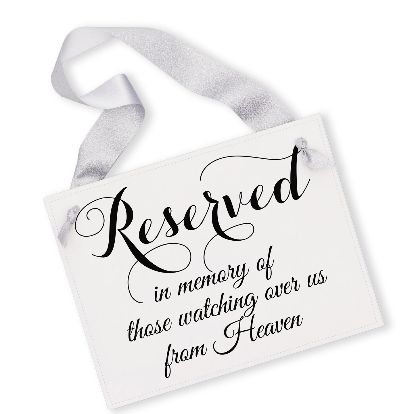 Ritzy Rose Memorial Chair Sign - Black on 11x8in White Linen Cardstock with Metallic Silver Ribbon