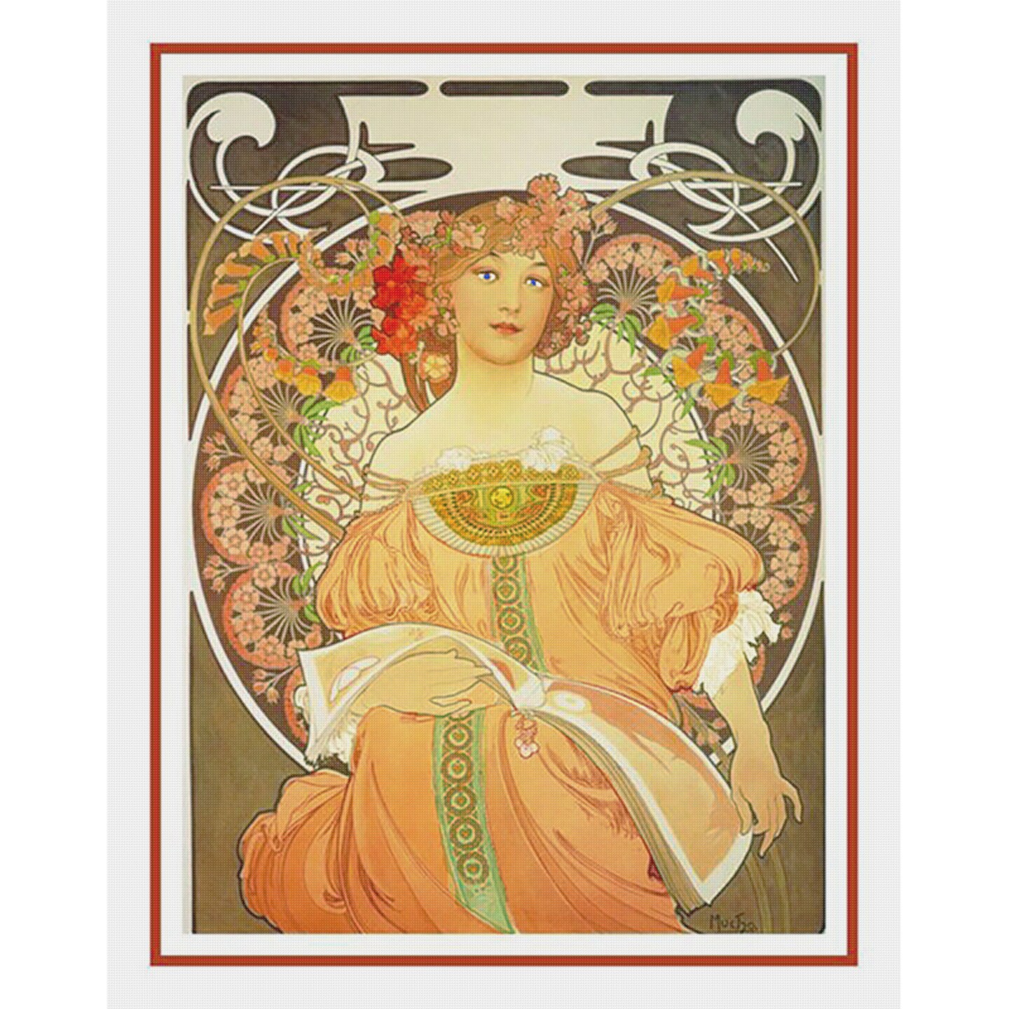 Art Nouveau Artist Alphonse Mucha&#x27;s Reverie Counted Cross Stitch Chart Pattern