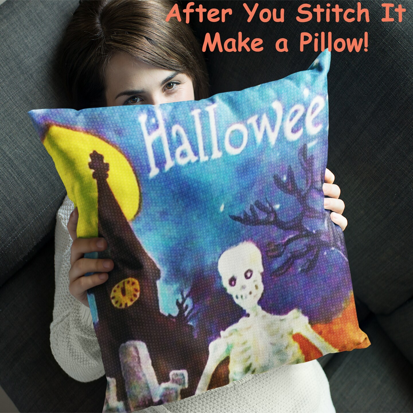 Halloween Skeleton Full Moon Detail Counted Cross Stitch Pattern