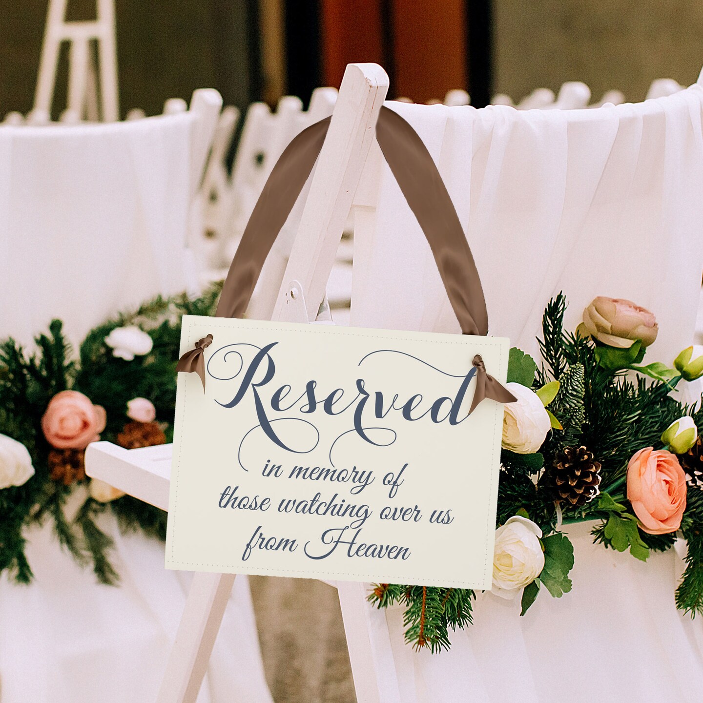 Ritzy Rose Memorial Chair Sign - Slate on 11x8in White Linen Cardstock with Greige Ribbon