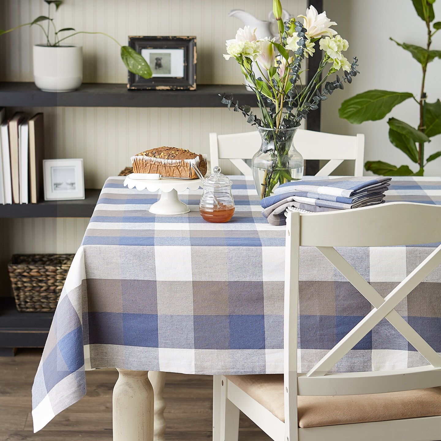 DII French Blue Tri Color Check Tablecloth