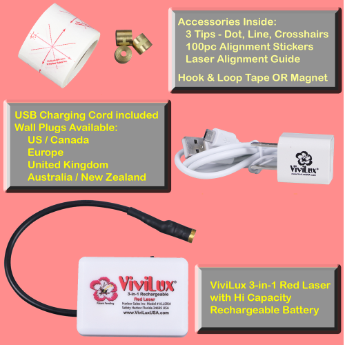 ViviLux 3-in-1 Rechargeable RED Laser System with Adjustable Line, Crosshairs and Dot Illumination Heads; Innovative Sewing and Quilting Notion for Precise Stitching; Mounts with HOOK AND LOOP TAPE